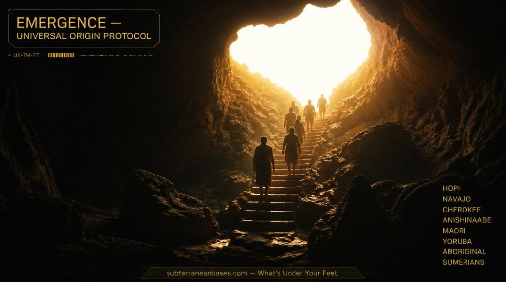 Silhouettes of human figures ascending a rough stone stairway from a dark vast underground chamber through a cave mouth into blinding daylight above