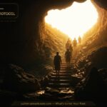 Silhouettes of human figures ascending a rough stone stairway from a dark vast underground chamber through a cave mouth into blinding daylight above