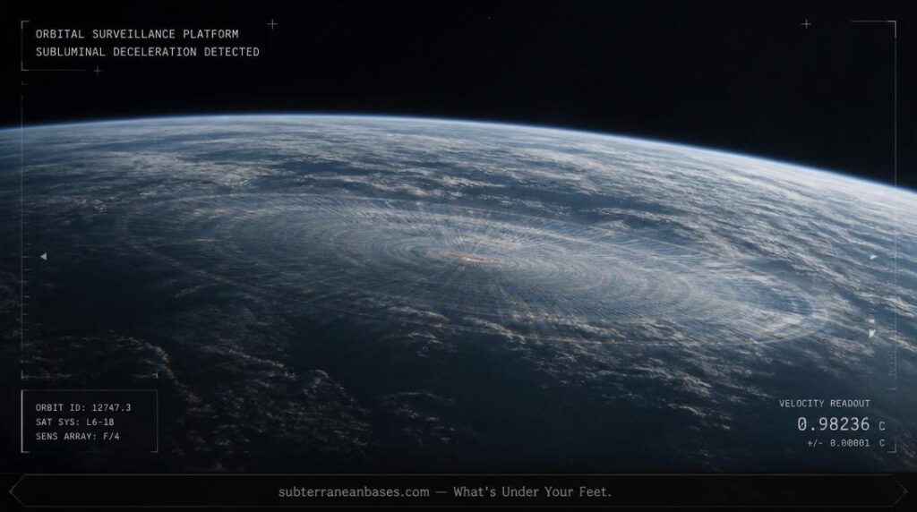 Earth viewed from orbit with a faint translucent disc-shaped craft barely visible as a heat-shimmer distortion against the planet's curvature in deep-space imaging style
