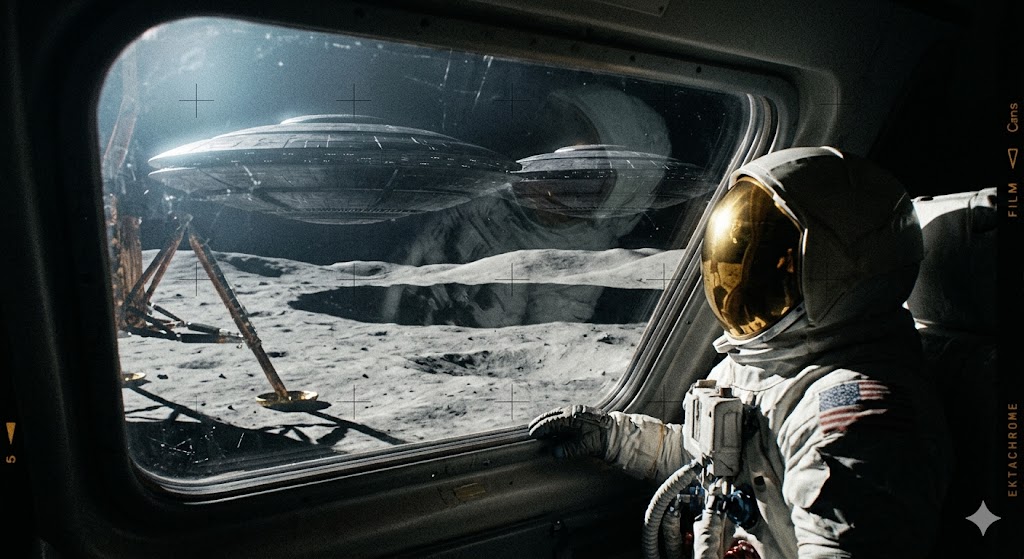 A grainy historical-style photo from inside the Apollo 11 Lunar Module showing two massive disc-shaped UFOs hovering over a lunar crater rim while an astronaut observes.
