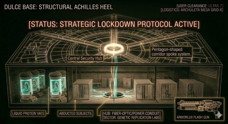Tactical floor plan of the Dulce base showing the central hub, pentagon corridors, and the Nightmare Hall vats.