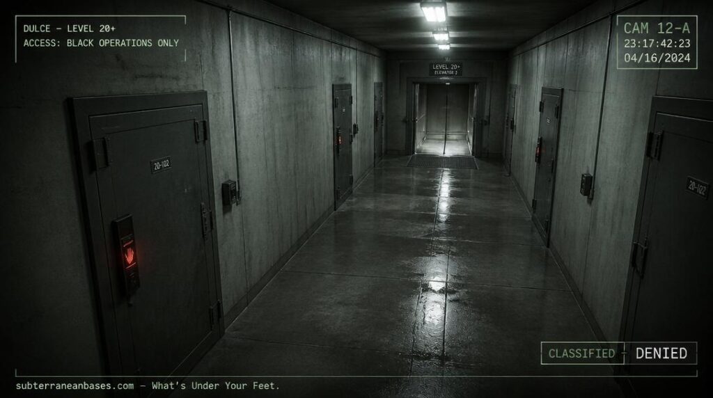 A concrete underground corridor with harsh strip lighting heavy steel doors with biometric locks and a freight elevator with open doors at the far end in CCTV surveillance style