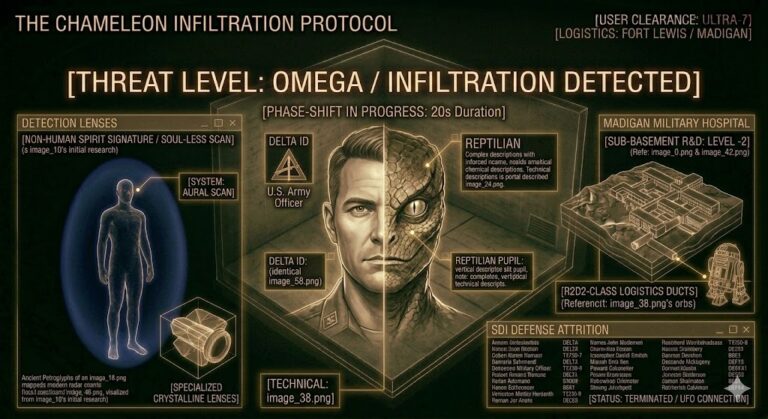 Tactical schematic illustrating Reptilian "Chameleon" infiltration techniques and the Madigan Hospital layout.
