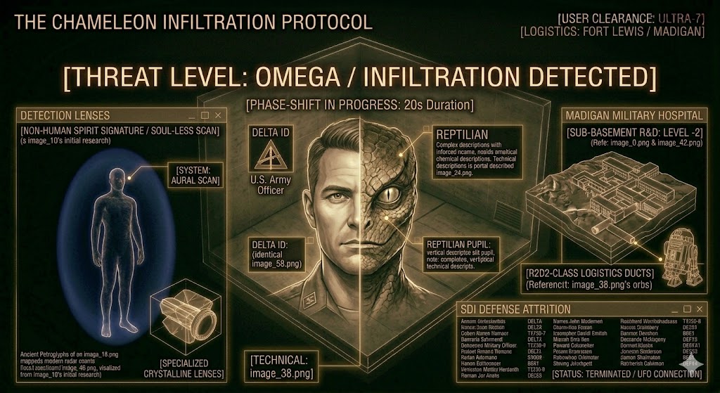 Tactical schematic illustrating Reptilian "Chameleon" infiltration techniques and the Madigan Hospital layout.