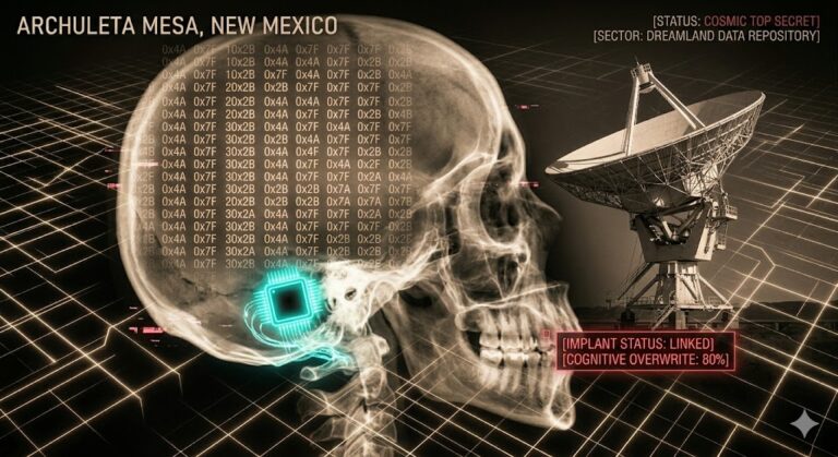 Sepia-toned X-ray of a human skull with a neon-cyan implant at the base, overlaid with hexadecimal code and a Groom Lake radio telescope.