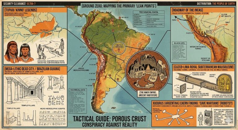 A vintage 1960s/70s style pulp collage illustration showing multiple panels focused on South American subterranean mysteries. It includes a map with GPS pins, a cross-section of an Andean cavern with a hidden city, and illustrations of indigenous guides, ancient scripts, and 9-foot 'Cave Martians'. The overall aesthetic is distressed and aged, resembling a Cold War intelligence manual.