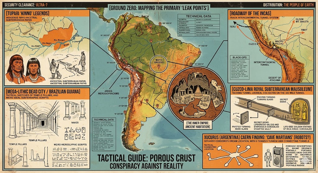 A vintage 1960s/70s style pulp collage illustration showing multiple panels focused on South American subterranean mysteries. It includes a map with GPS pins, a cross-section of an Andean cavern with a hidden city, and illustrations of indigenous guides, ancient scripts, and 9-foot 'Cave Martians'. The overall aesthetic is distressed and aged, resembling a Cold War intelligence manual.