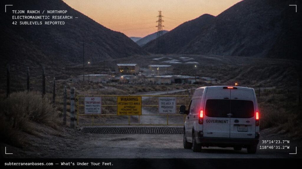 A desert cattle gate at dusk with a white government van approaching and industrial buildings at the mouth of a mountain canyon with a tall pylon silhouetted behind and diamond markings on a flat surface for an underground base