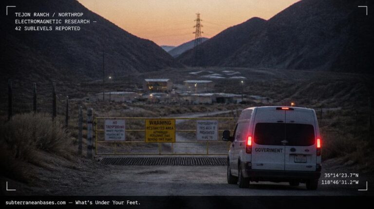 A desert cattle gate at dusk with a white government van approaching and industrial buildings at the mouth of a mountain canyon with a tall pylon silhouetted behind and diamond markings on a flat surface for an underground base