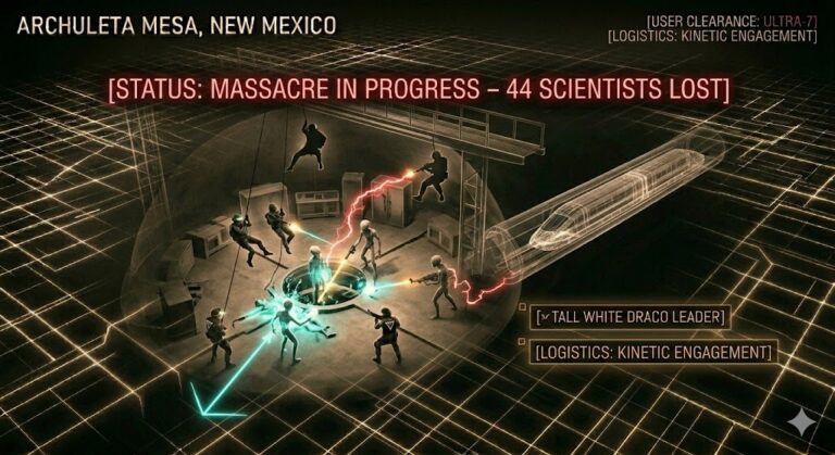 Tactical schematic of the 1979 fire-fight between Delta Force and Grey aliens at the S-4 facility.