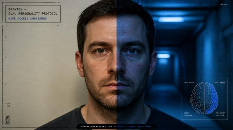 A split portrait showing a man's face divided down the center with the left half in warm daylight and the right half in cold blue underground fluorescent light