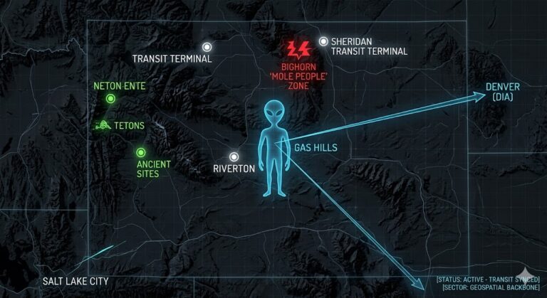 Digital noir geospatial map of Wyoming showing the Gas Hills alien marker, Sheridan mountain tunnels, and the transit conduits to Denver and Salt Lake City.
