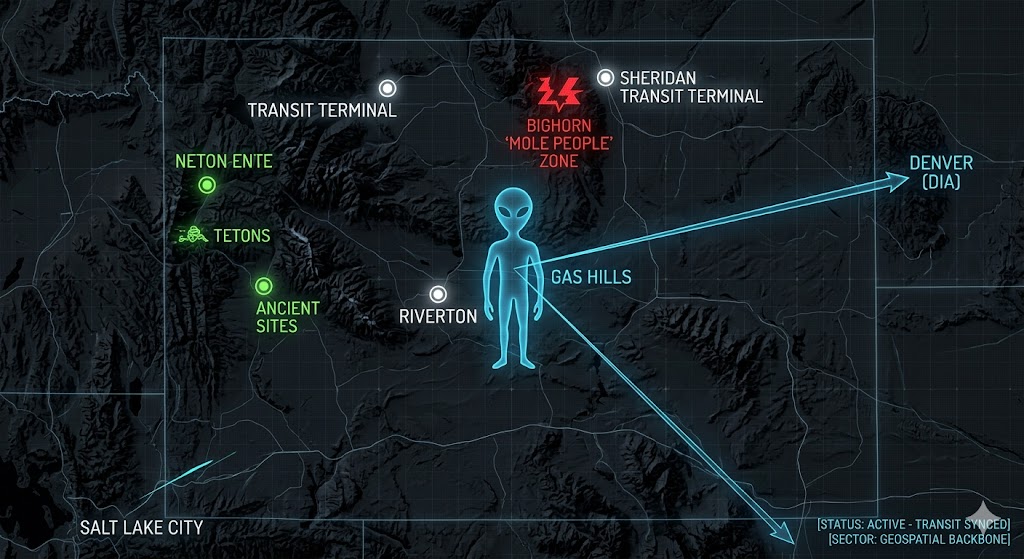 Digital noir geospatial map of Wyoming showing the Gas Hills alien marker, Sheridan mountain tunnels, and the transit conduits to Denver and Salt Lake City.