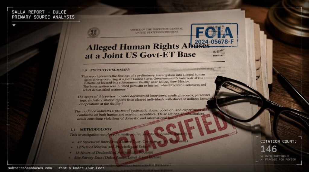 A stack of scholarly documents with the title Alleged Human Rights Abuses at a Joint US Govt-ET Base visible and a FOIA stamp and red Classified watermark on a desk with reading glasses