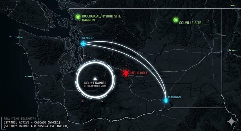 Digital noir geospatial map of Washington showing subterranean hybrid study centers, Mt. Rainier UFO vaults, and the Madigan Grey Nest nodes.