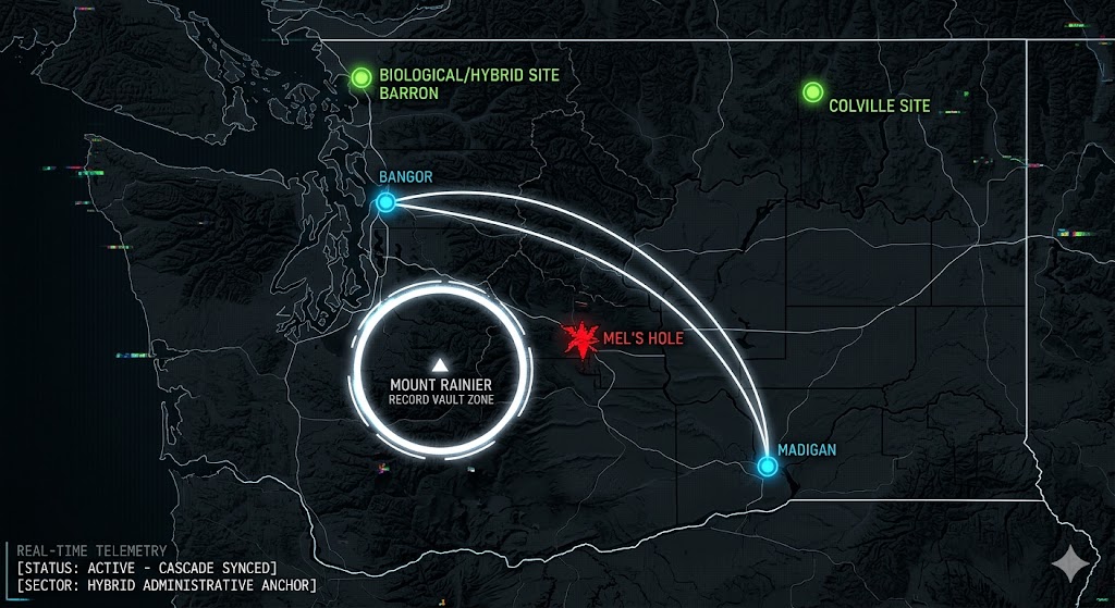 Digital noir geospatial map of Washington showing subterranean hybrid study centers, Mt. Rainier UFO vaults, and the Madigan Grey Nest nodes.