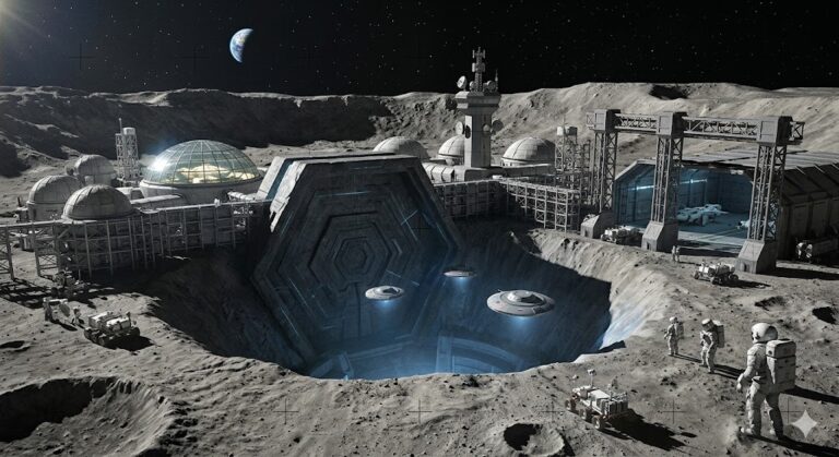 Wide-angle, cinematic view of the Moon's South Pole showing a massive, hexagonal ancient mechanical entrance built into a shadowed crater, now expanded with modern industrial scaffolding and a command tower (NSA/Bechtel style). Small Earth-built gravity craft (ISVs) descend into the glowing blue aperture, with Earth visible as a small, distant crescent in the black sky.