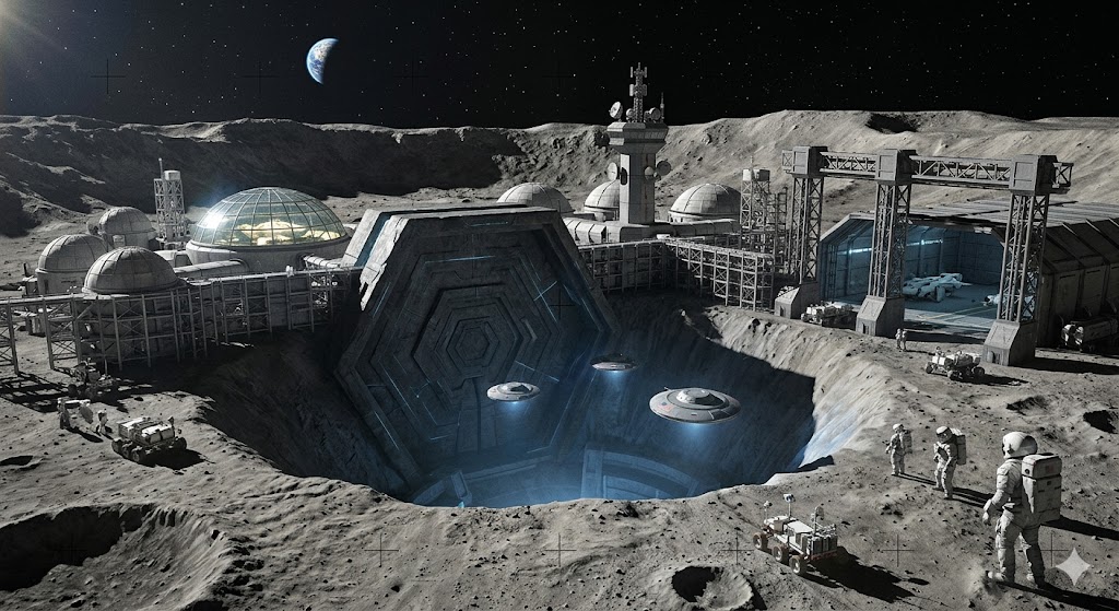 Wide-angle, cinematic view of the Moon's South Pole showing a massive, hexagonal ancient mechanical entrance built into a shadowed crater, now expanded with modern industrial scaffolding and a command tower (NSA/Bechtel style). Small Earth-built gravity craft (ISVs) descend into the glowing blue aperture, with Earth visible as a small, distant crescent in the black sky.