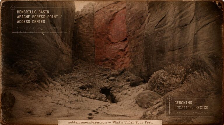 A narrow Arizona box canyon with steep red sandstone walls and a dark fissure opening in the canyon floor where horse tracks lead and stop in sepia albumen print style