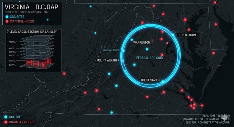 Digital noir geospatial map of Virginia showing the subterranean Federal Arc connecting Mount Weather, the Pentagon, and CIA Langley with neon-blue data conduits.