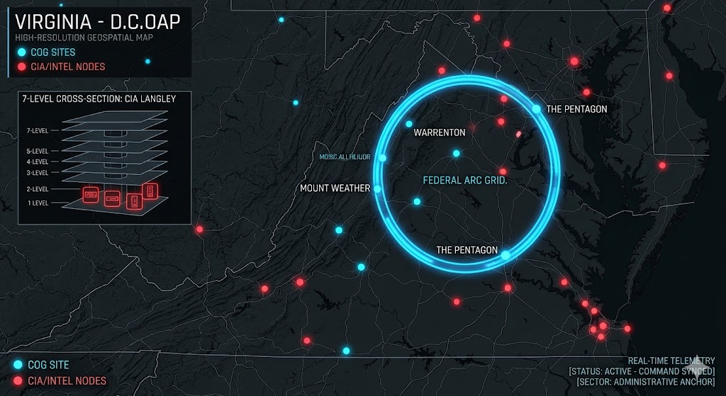 Digital noir geospatial map of Virginia showing the subterranean Federal Arc connecting Mount Weather, the Pentagon, and CIA Langley with neon-blue data conduits.