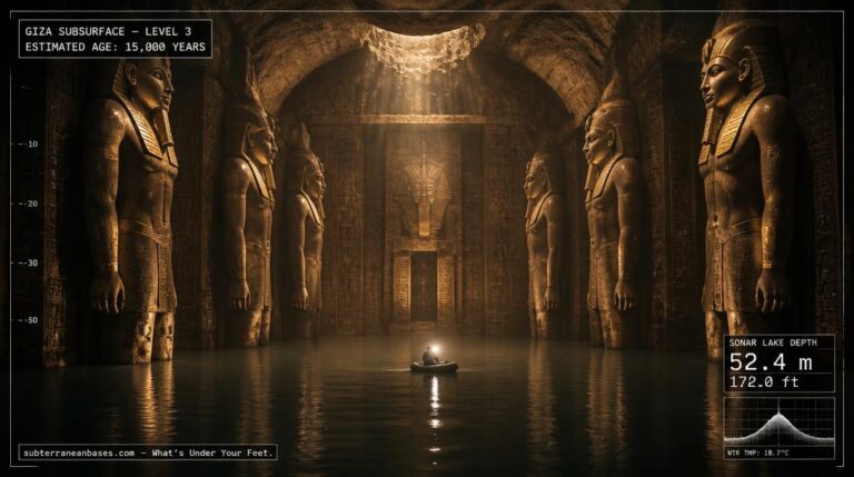 A vast underground chamber beneath the Giza plateau with enormous carved statues lining the walls and a subterranean lake reflecting amber light with a small rubber dinghy at center