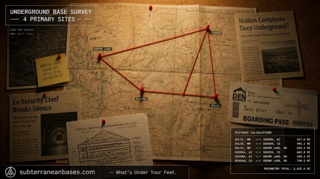 A road map of the American Southwest Underground Bases, pinned to a corkboard with four red pins at Dulce Sedona Denver and Groom Lake connected by red string with newspaper clippings around the edges