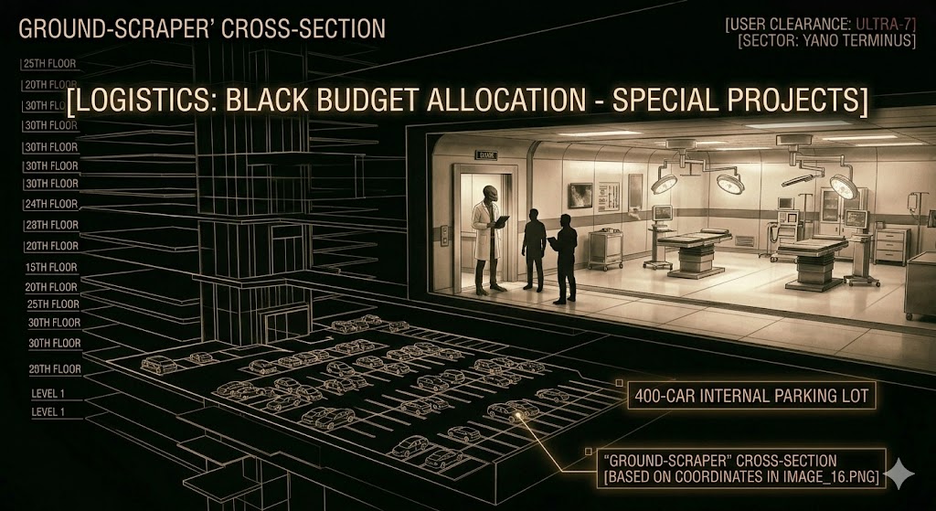 Tactical schematic of the 35-level YANO underground facility showing a reptilian scientist on Level 30.