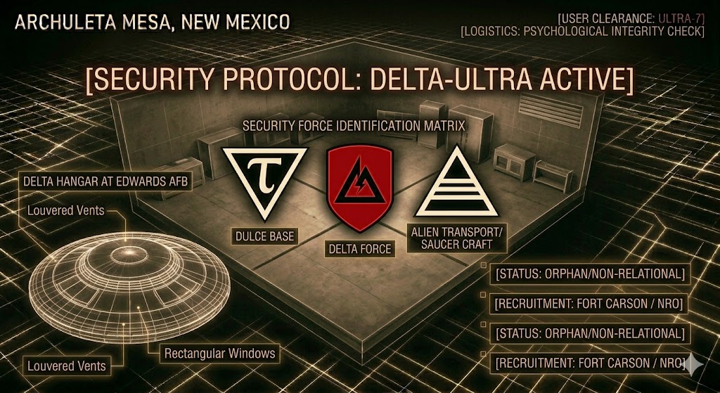 Tactical identification matrix showing symbols for Delta Force, Dulce Base, and alien transport craft.