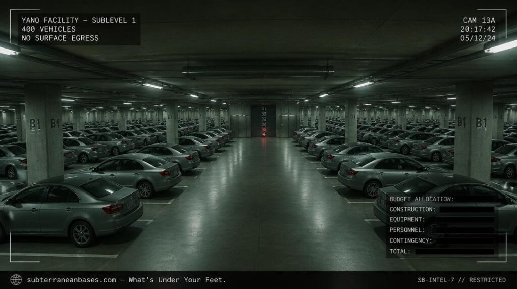 A massive underground parking structure with rows of sedans under fluorescent lighting and a freight elevator bank showing floor indicators descending to level 35 with no people or exit signs visible