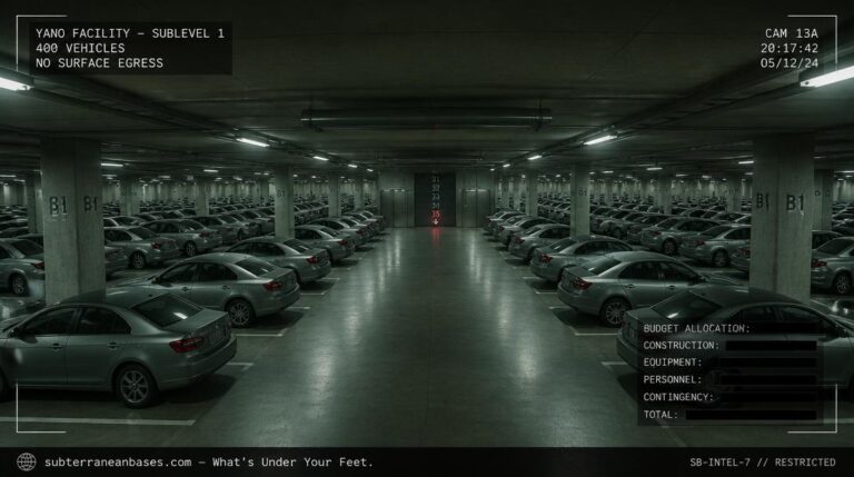 A massive underground parking structure with rows of sedans under fluorescent lighting and a freight elevator bank showing floor indicators descending to level 35 with no people or exit signs visible
