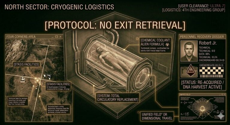 Tactical schematic of cryogenic stasis tubes and the Delta Group's recovery dossier for the North Sector.