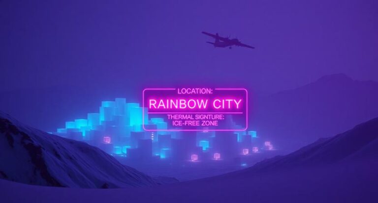 Tactical 1970s-style visualization of the legendary Rainbow City in Antarctica.