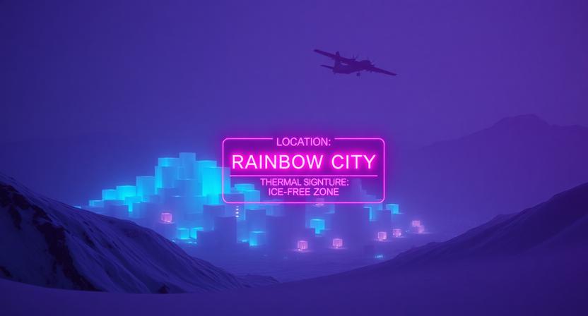 Tactical 1970s-style visualization of the legendary Rainbow City in Antarctica.