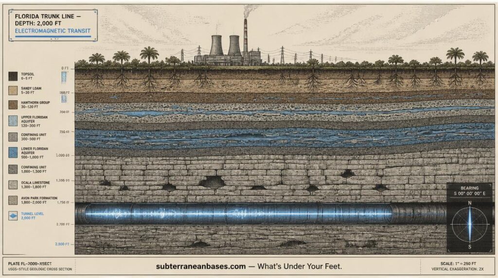 A geological cross-section diagram showing a tunnel at 2000 feet depth beneath a Florida power plant with electromagnetic blue-white glow running through limestone strata