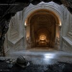 A rough coal mine tunnel opening abruptly onto a polished marble stairway descending into warm amber light with an abandoned miner's helmet at the top of the stairs