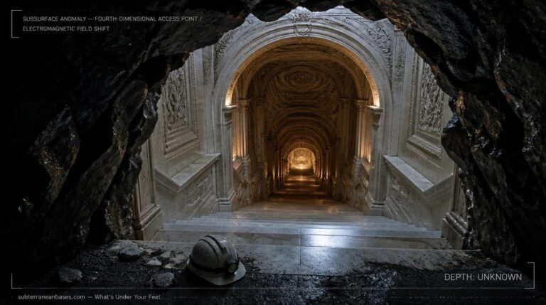 A rough coal mine tunnel opening abruptly onto a polished marble stairway descending into warm amber light with an abandoned miner's helmet at the top of the stairs