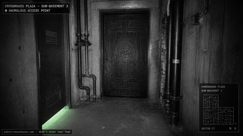 A heavy ancient carved wooden door at the end of a concrete sub-basement corridor with a greenish glow spilling from beneath an adjacent metal door and exposed utility pipes