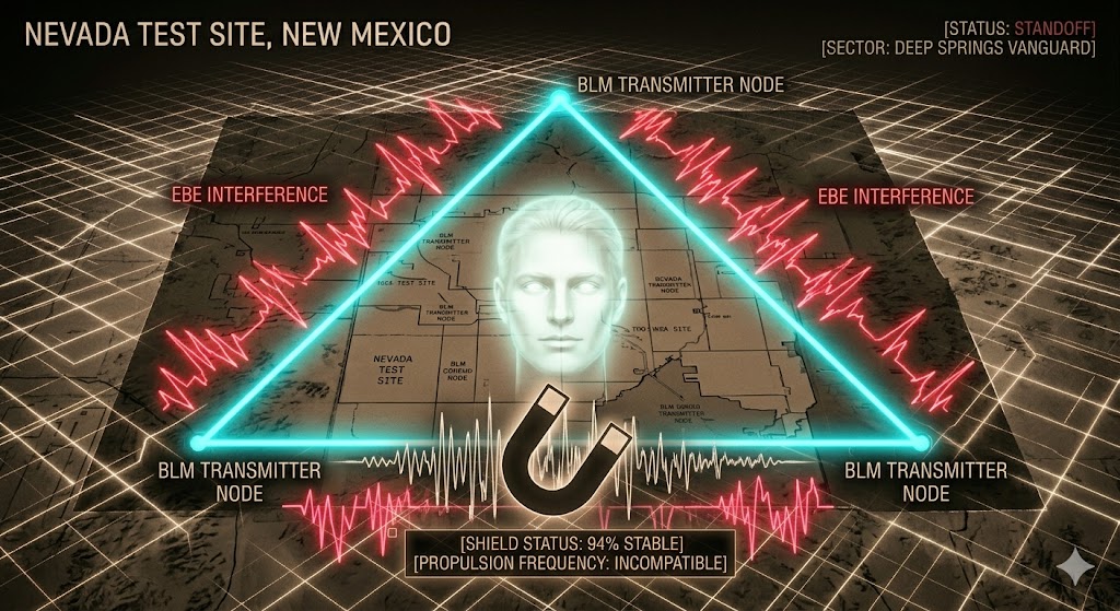Sepia-toned map of the Nevada Test Site featuring a neon-cyan EM Triangle shield and red alien interference pulses, highlighting the standoff between human and EBE forces.
