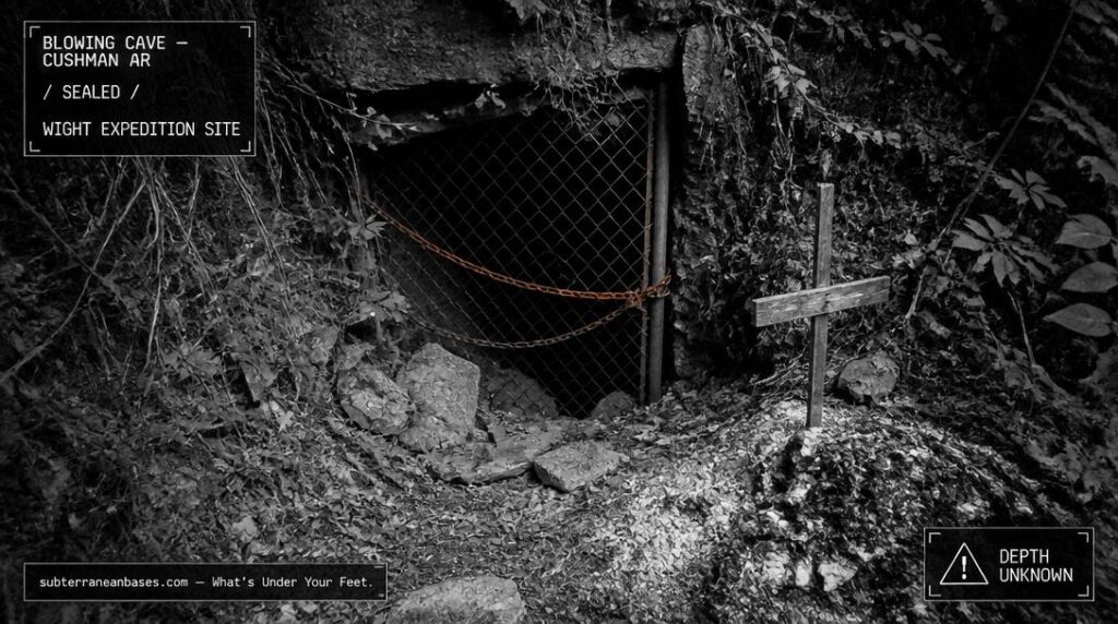 A narrow cave entrance in an Arkansas hillside partially blocked by fallen stone with a rusted chain-link gate and a small ash pile with wooden cross marker at the entrance edge