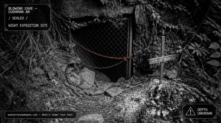 A narrow cave entrance in an Arkansas hillside partially blocked by fallen stone with a rusted chain-link gate and a small ash pile with wooden cross marker at the entrance edge