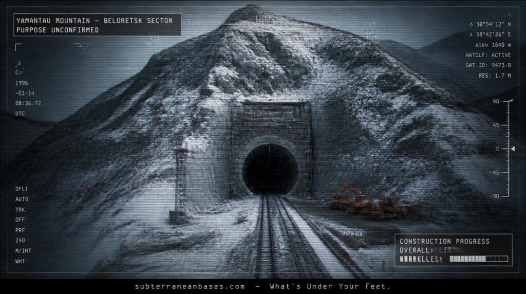 A snow-covered Ural Mountain peak with a massive tunnel entrance at its base showing railroad tracks leading inside and heavy construction equipment alongside