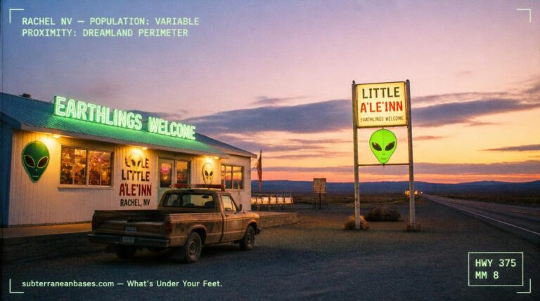 The Little A-Le-Inn roadhouse at dusk with neon Earthlings Welcome sign alien logos and Highway 375 stretching empty in both directions