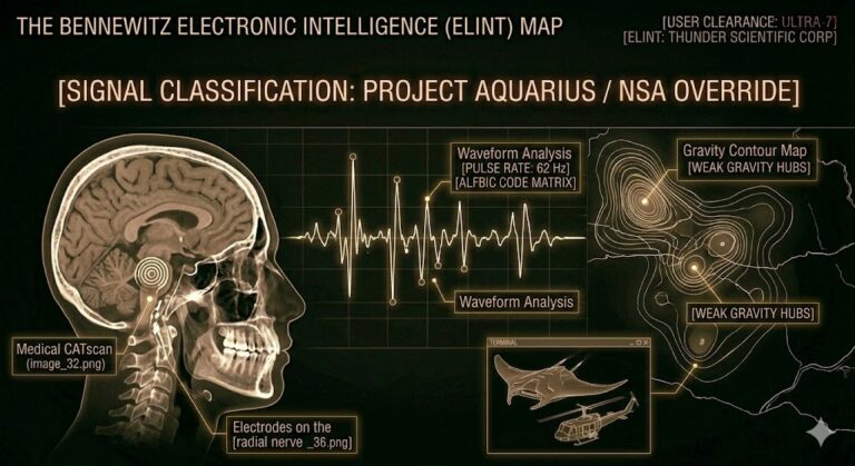 Tactical ELINT map showing Bennewitz's UFO signal analysis, brain implants, and gravity contours.