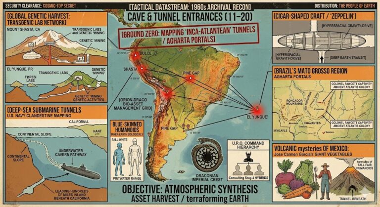 A 1960s-style vintage pulp collage illustrating subterranean tunnel systems in South America and Mexico. Features include a map of Brazil’s Mato Grosso region, a diagram of a 'Cigar-shaped' craft in a tunnel, illustrations of 9-foot tall humanoids, and Jose Carmen Garcia's giant vegetables by a volcano. The style is distressed, with aged paper and technical ink-stamp overlays.