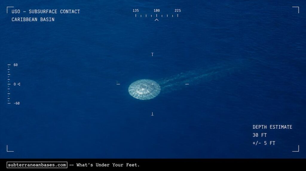 A calm tropical ocean surface seen from above with a luminous metallic disc visible approximately 30 feet below the water trailing a faint wake of turbulence