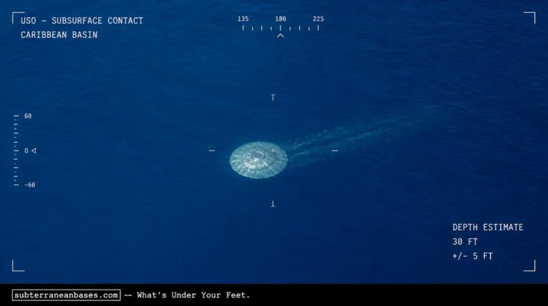 A calm tropical ocean surface seen from above with a luminous metallic disc visible approximately 30 feet below the water trailing a faint wake of turbulence
