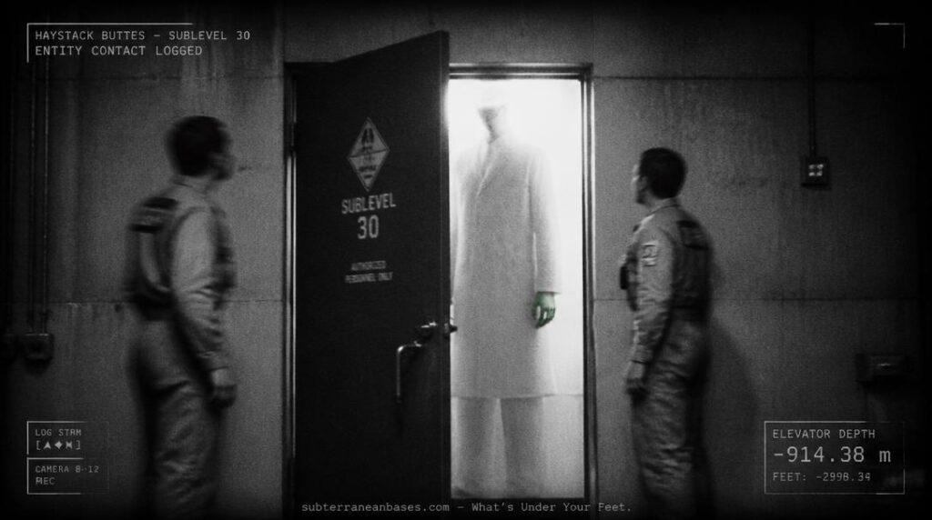 A heavy steel door partially open in a concrete corridor with the blurred silhouette of a very tall figure in a lab coat flanked by two human engineers under harsh fluorescent light