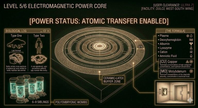 Tactical schematic of the Dulce generator core and the alien hybrid breeding types.