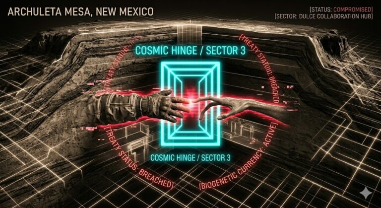 Sepia-toned schematic of Archuleta Mesa showing a human hand meeting a three-fingered alien hand at a neon 'Cosmic Hinge' portal, with deep-level vats in the background.
